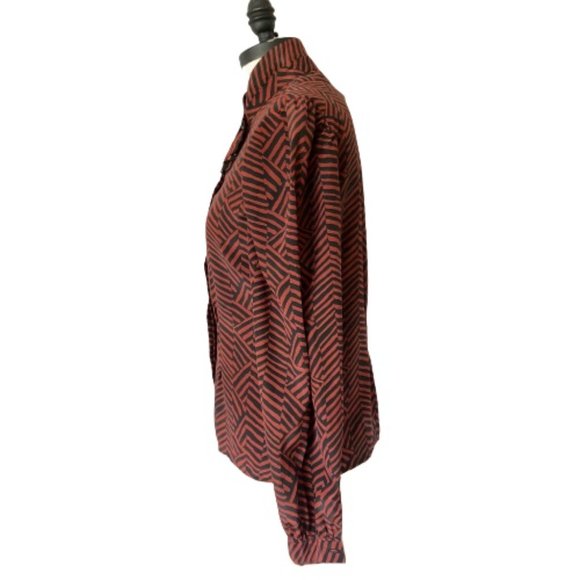 Vtg Geometric Puff Sleeve Ruffle Tab Patterned Top - Picture 9 of 15